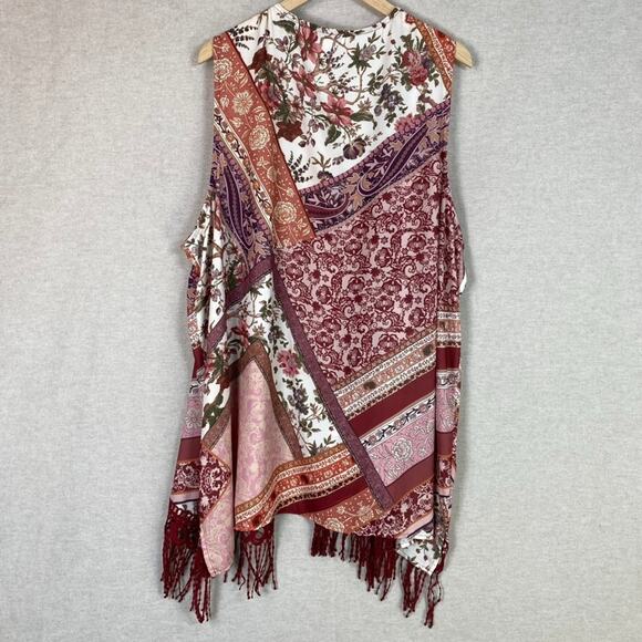 CJ Banks Womens Patchwork Floral Sleeveless Vest Size 2X Boho Fringe Kimono - Picture 8 of 11